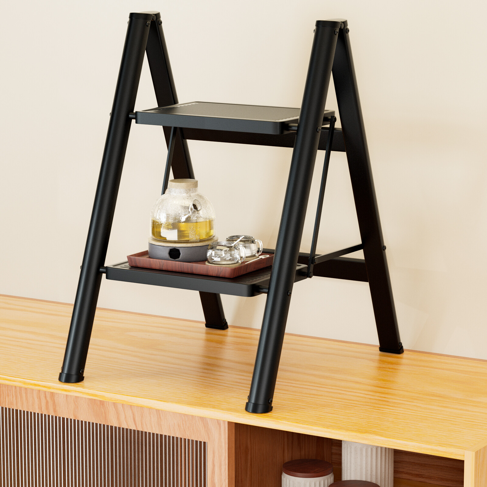 Stepladder, 2 Tiers, Foldable, Aluminum, Wide, Lightweight, Compact, Ladder L3