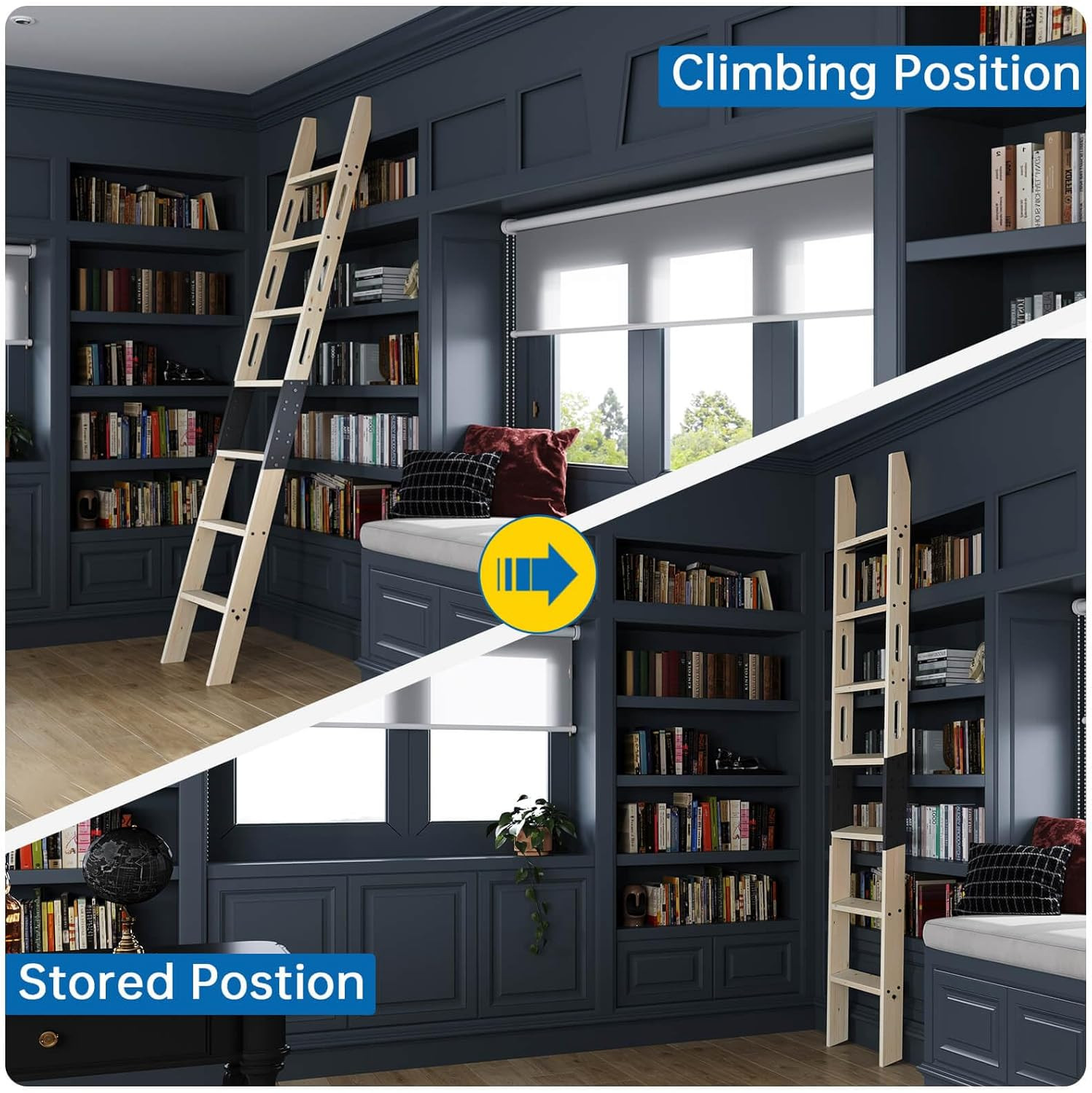 8FT Rolling Library Ladder 7 Step Solid Wood 450lbs Handrail No Sliding Rail
