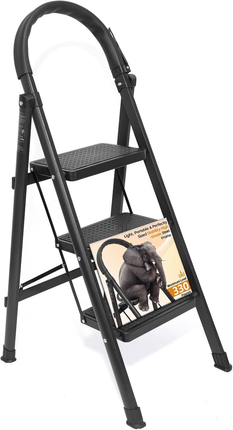 3 Step Ladder, Folding Stool with Wide Anti-Slip Pedal, 3-Step, Black