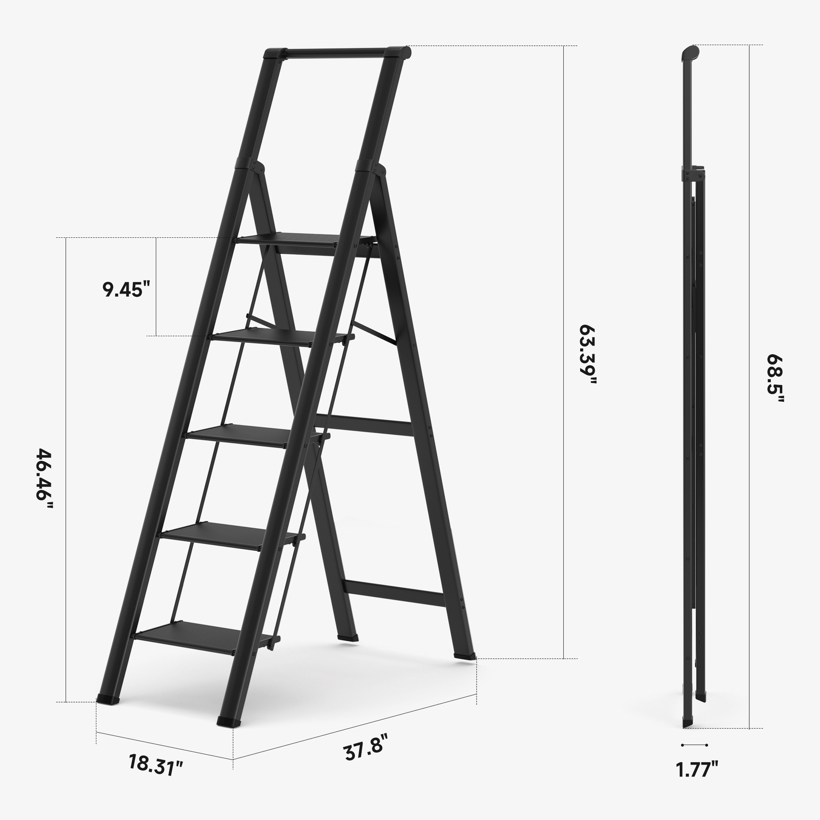 5 Step Ladder, Foldable Step Stool, Aluminum Step Ladder with Anti-Slip Pedal US