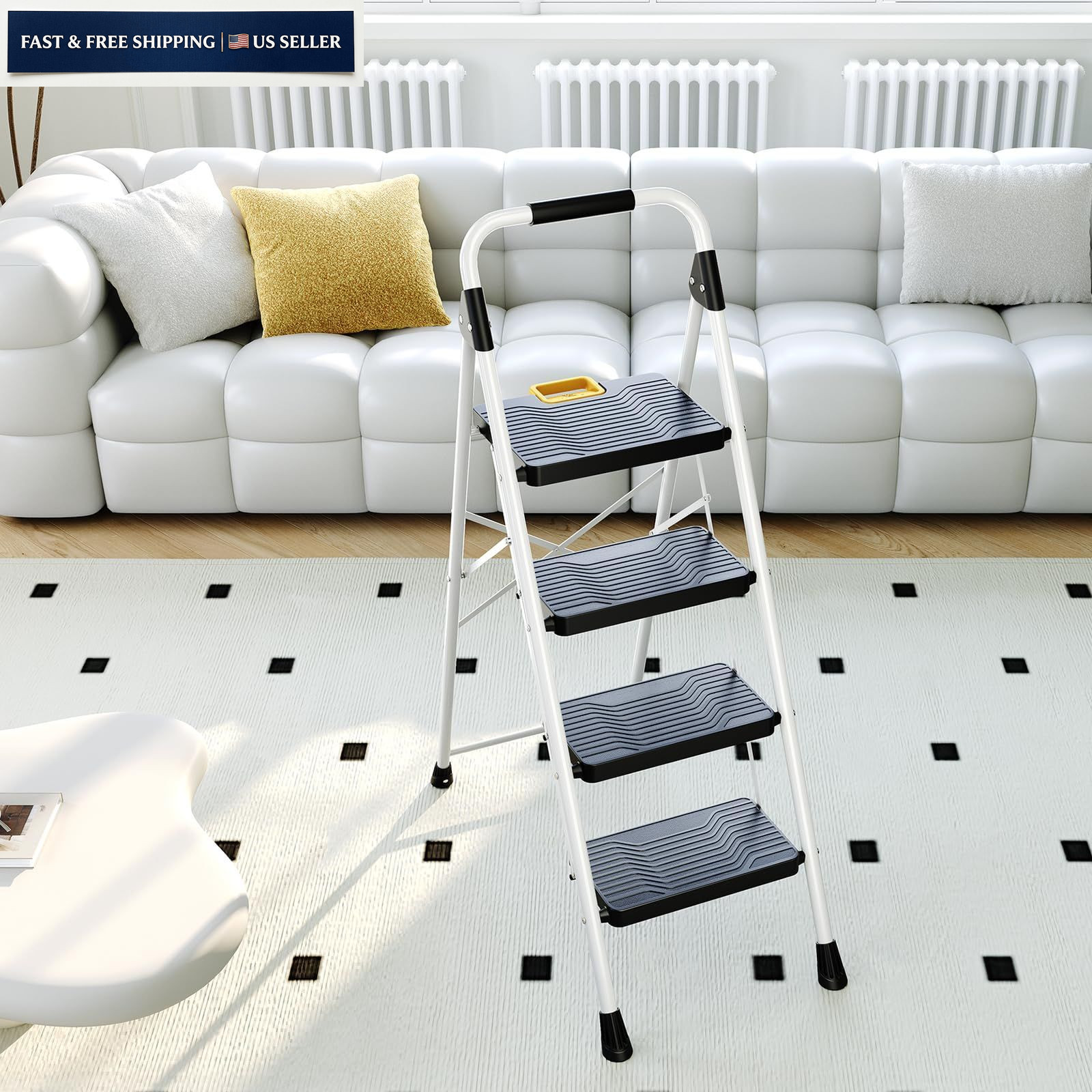 KINGRACK 4 Step Folding Ladder, 800lbs Capacity Stool with 4-STEP, White