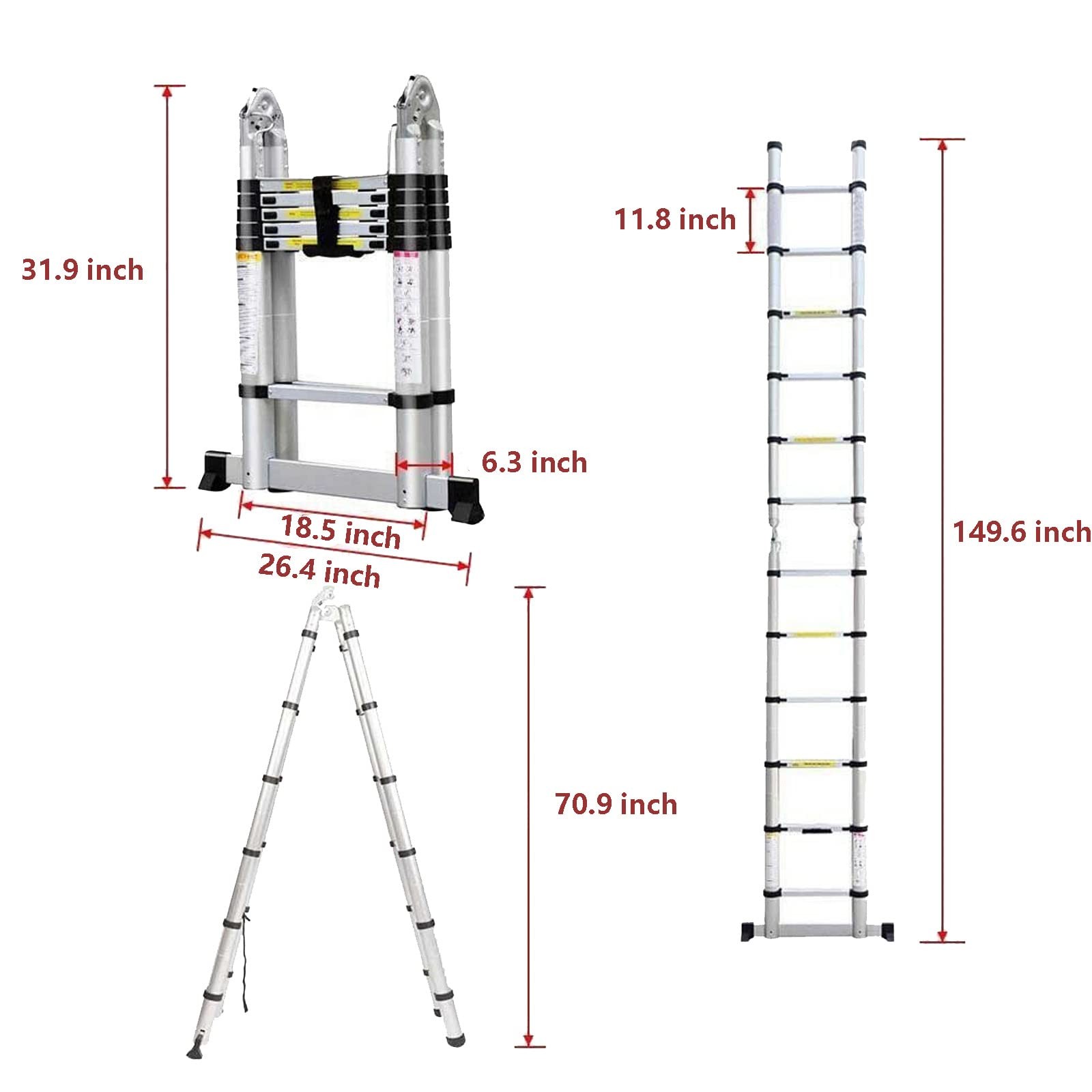 Jupitor Aluminum Telescoping 12.5FT – 3.8M(1.9+1.9m), Silver” Or “Aluminum