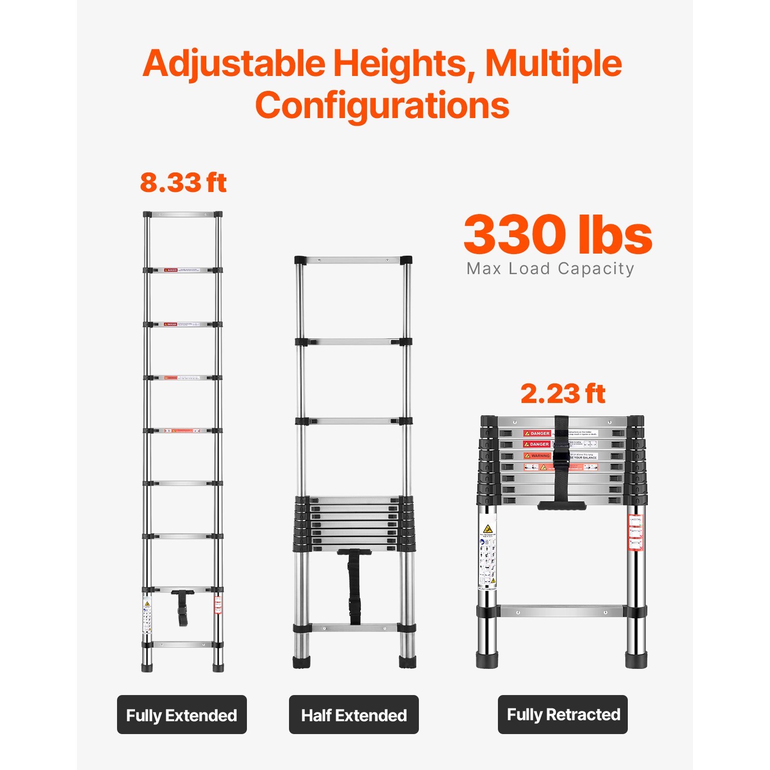 KFFKFF 8.5ft Telescoping Ladder Stainless Steel 330LBS 9-Step Portable Home RV
