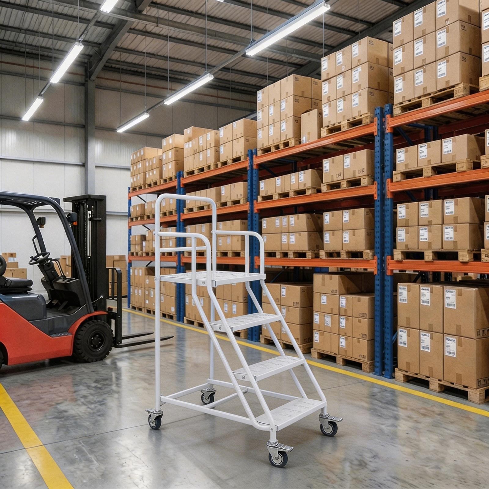 4 Steps Rolling Stair 50″ Industrial Warehouse Ladder Floor Standing Stair 880Lb