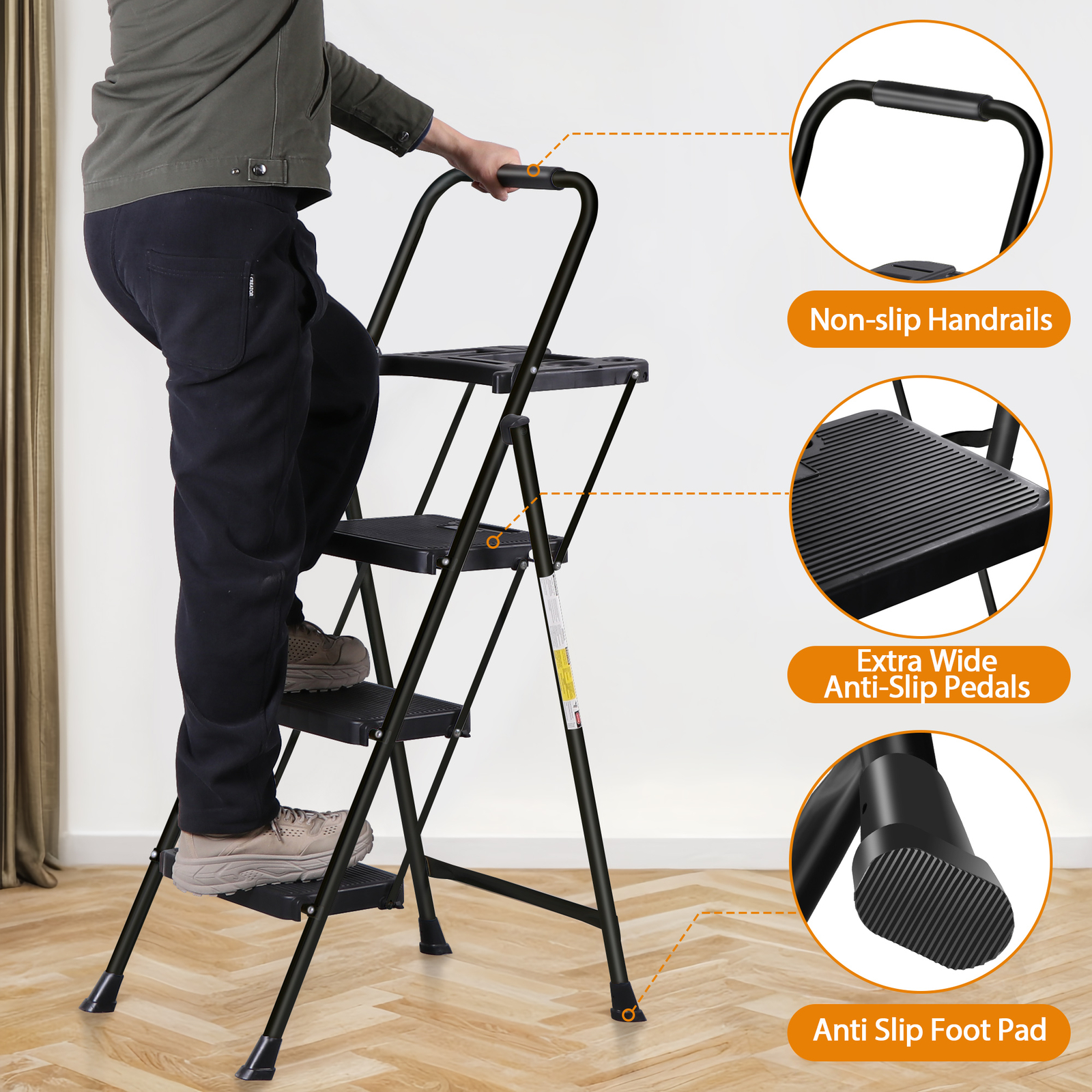 3-Step Ladder Folding Step Stool 330lbs Max Load Capacity Steel Non-Slip Black