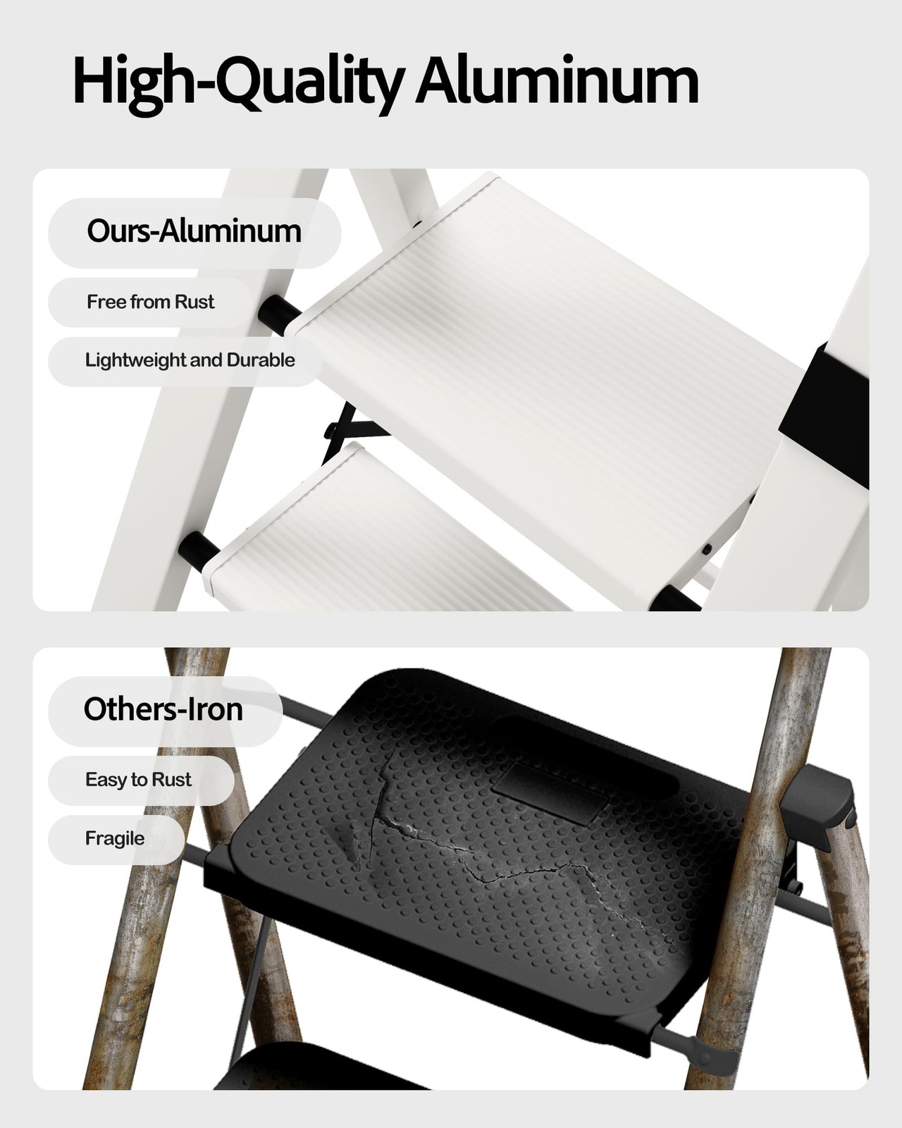 Taranta 3 Step Ladder, Lightweight Aluminum Stool with 3 Step, White