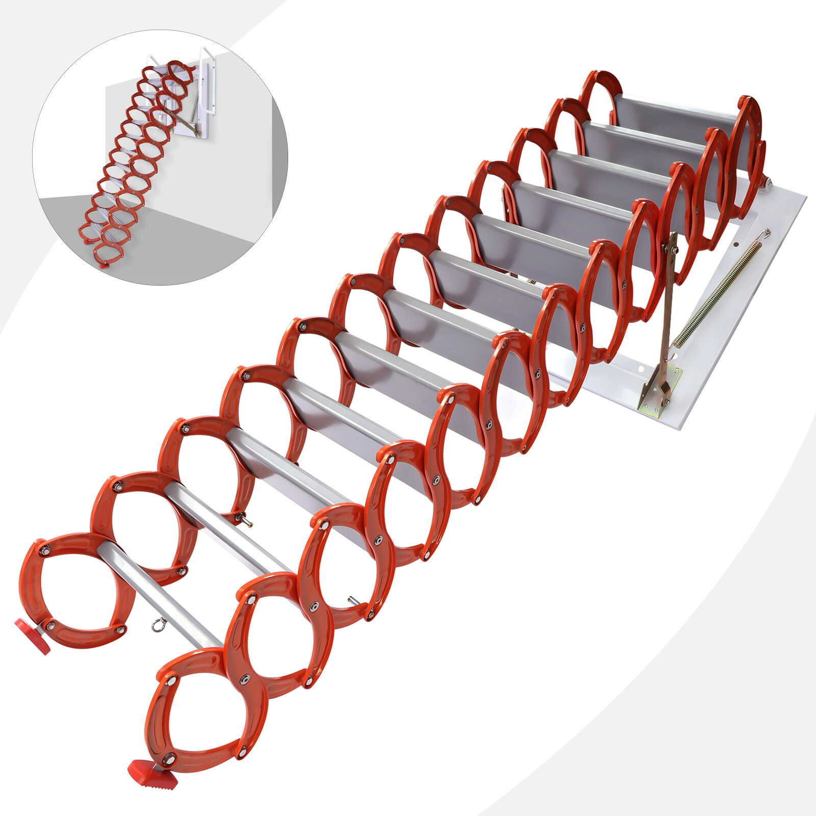 Orange 10.17ft Attic Ladder 12 Steps Loft Stairs Wall Mounted Folding Ladder USA